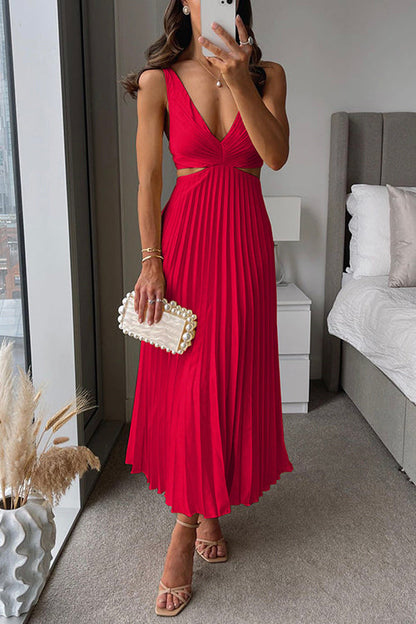 V-Neck Waist Cutout Striped Pleated Maxi Dress