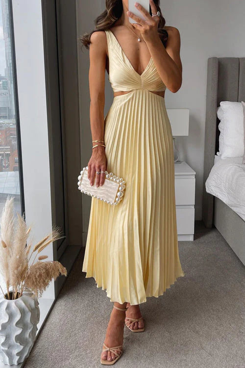 V-Neck Waist Cutout Striped Pleated Maxi Dress