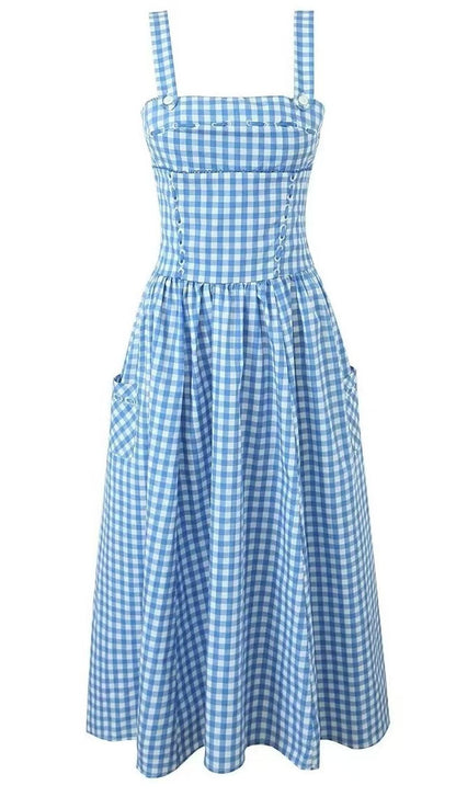 Pastoral Style Plaid Waist Square Neck Dress