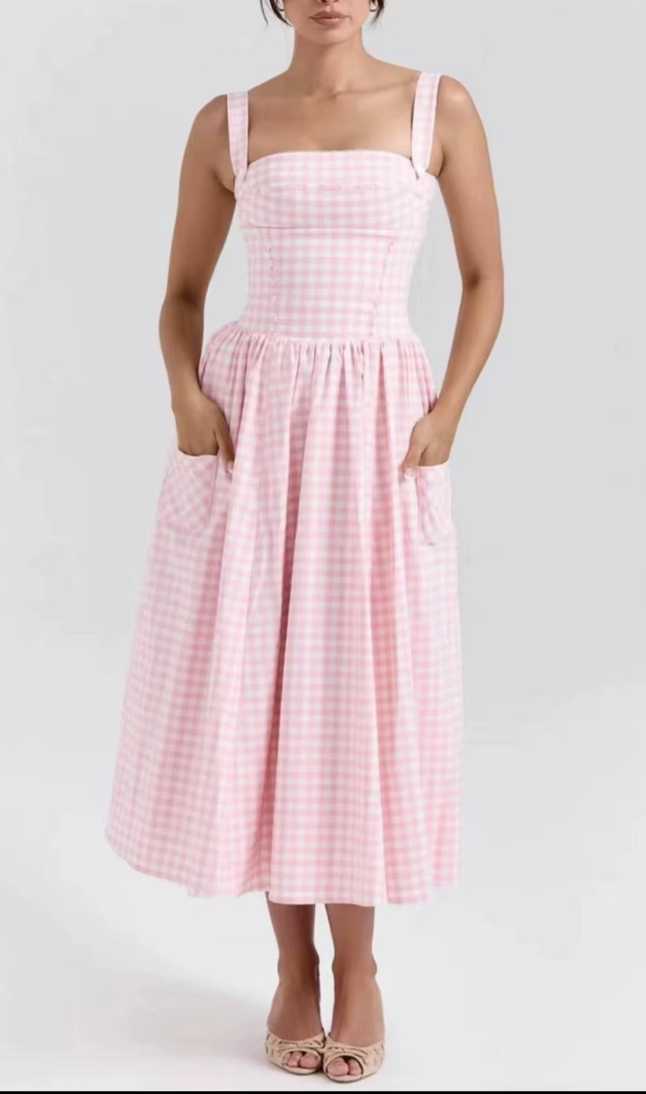 Pastoral Style Plaid Waist Square Neck Dress