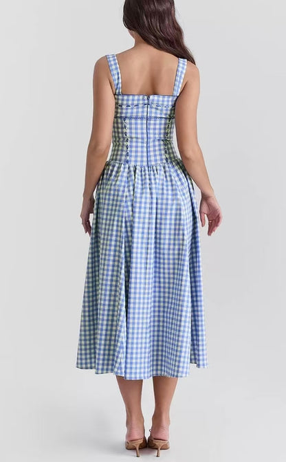 Pastoral Style Plaid Waist Square Neck Dress