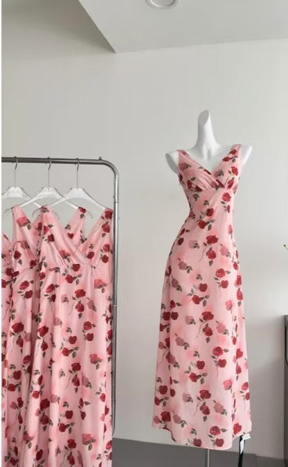 Casual Holiday Style V-Neck Rose Print Dress