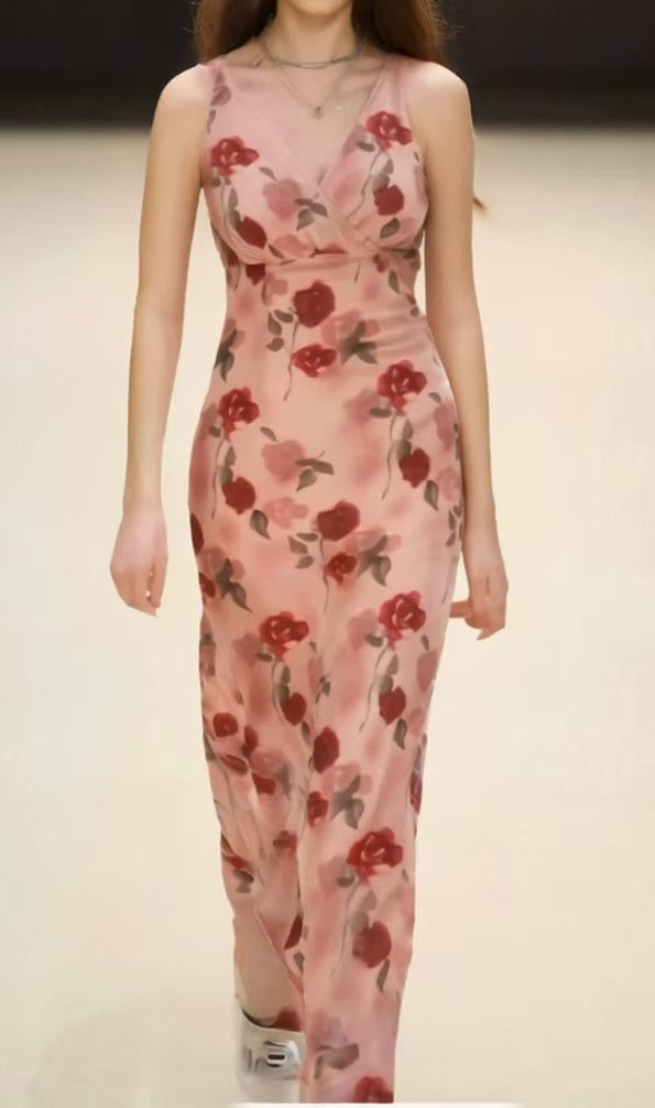 Casual Holiday Style V-Neck Rose Print Dress