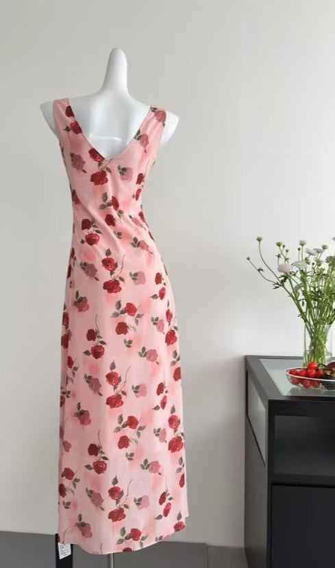 Casual Holiday Style V-Neck Rose Print Dress