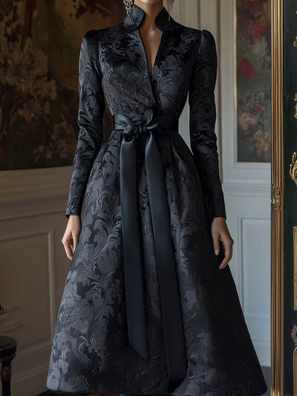 Elegant Black Satin Jacquard Ribbon Dress