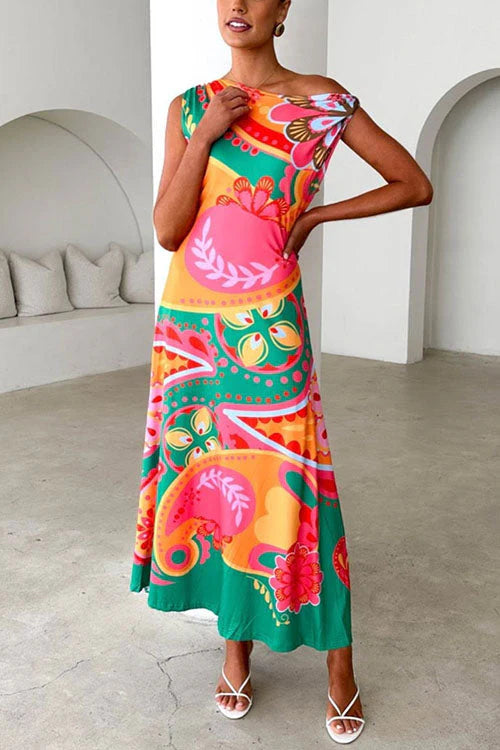 Retro Print Off-shoulder Maxi Dress