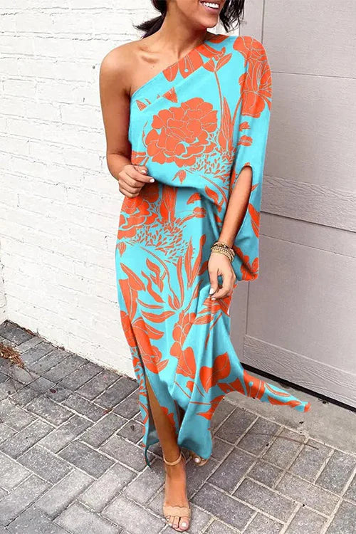 Casual One Shoulder Side Split Printed Dress