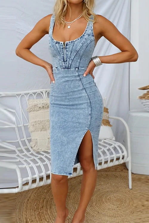 Sexy U-Neck Zip-Up Denim Bodycon Dress