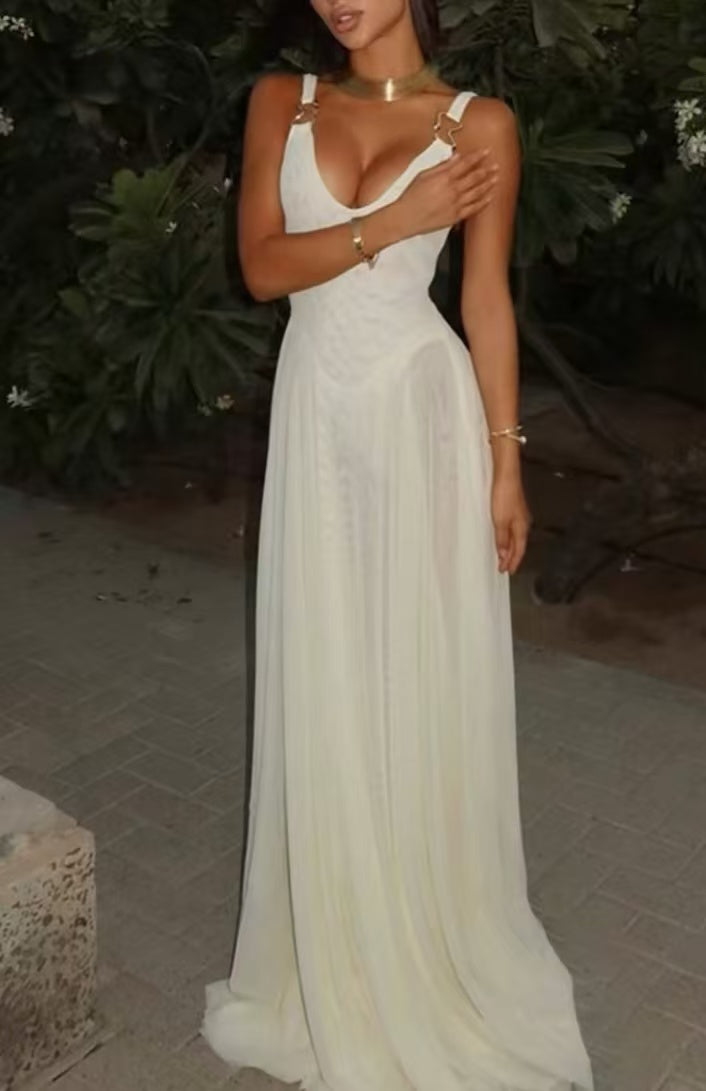 Elegant Greek Style V-Neck Mesh Floor-Length Dress