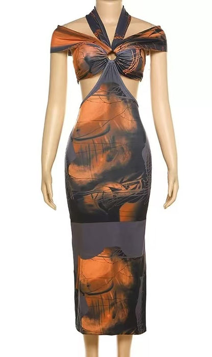 Fashion Halter Neck Wrap Chest Slim Retro Print Dress