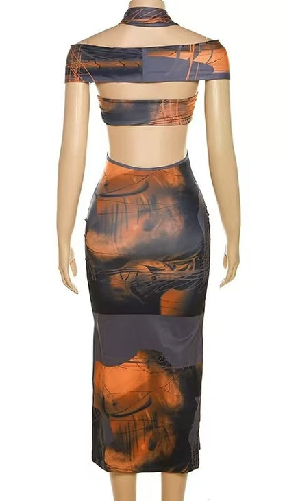 Fashion Halter Neck Wrap Chest Slim Retro Print Dress