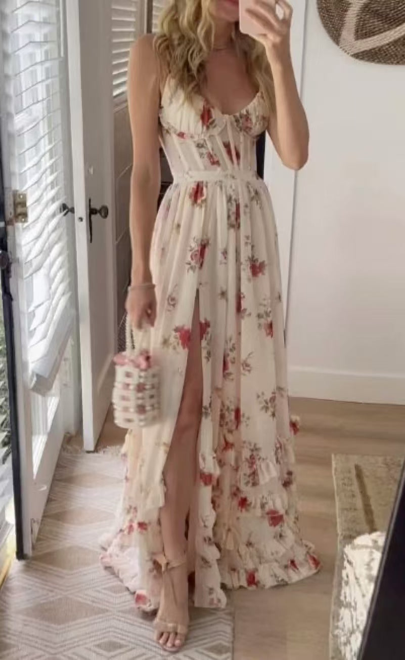 Spaghetti Strap Ruffle Slit Delicate Floral Maxi Dress