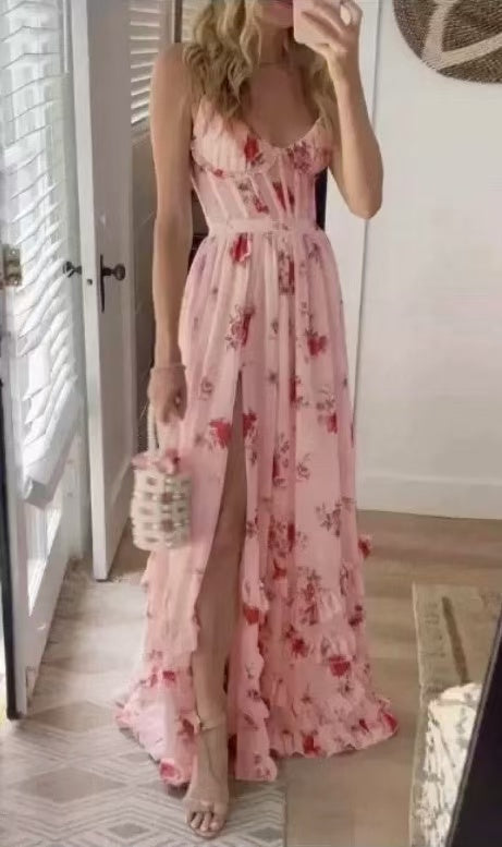 Spaghetti Strap Ruffle Slit Delicate Floral Maxi Dress