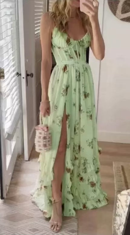 Spaghetti Strap Ruffle Slit Delicate Floral Maxi Dress