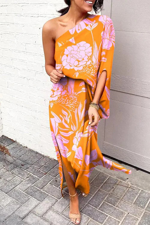 Casual One Shoulder Side Split Printed Dress