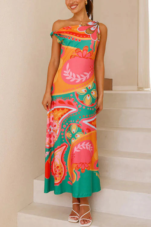 Retro Print Off-shoulder Maxi Dress