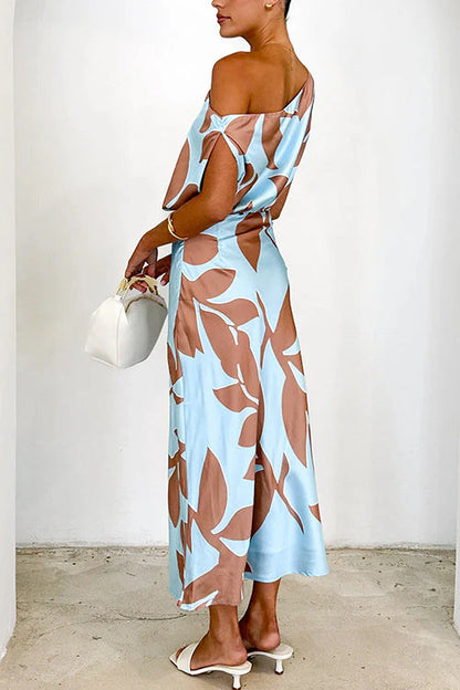 Classic Off-Shoulder Waist Printed Maxi Dress