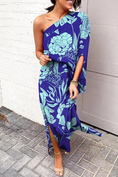 Casual One Shoulder Side Split Printed Dress