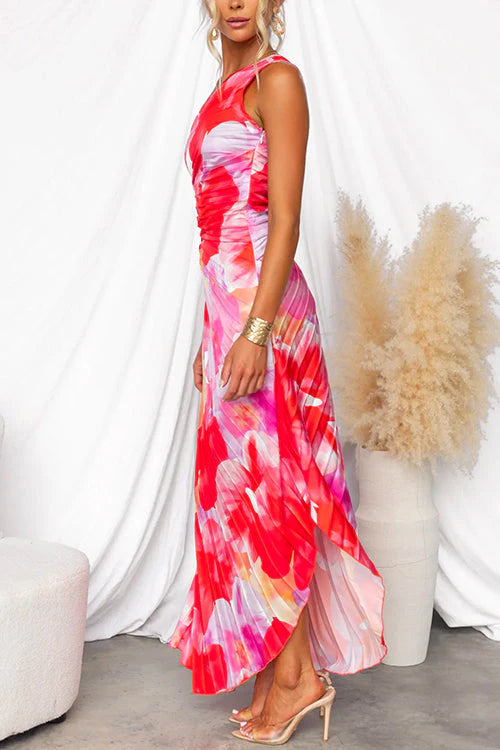 One Shoulder Asymmetric Printed Long Pleated Dress