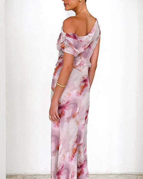 Elegant Mesh Printed Waist Maxi Dress