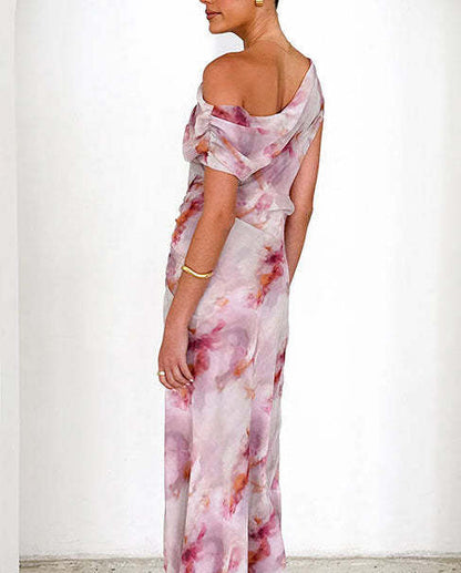 Elegant Mesh Printed Waist Maxi Dress