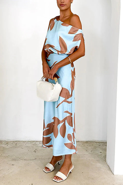 Classic Off-Shoulder Waist Printed Maxi Dress