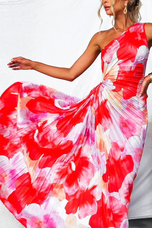 One Shoulder Asymmetric Printed Long Pleated Dress