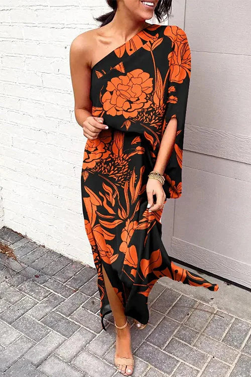 Casual One Shoulder Side Split Printed Dress