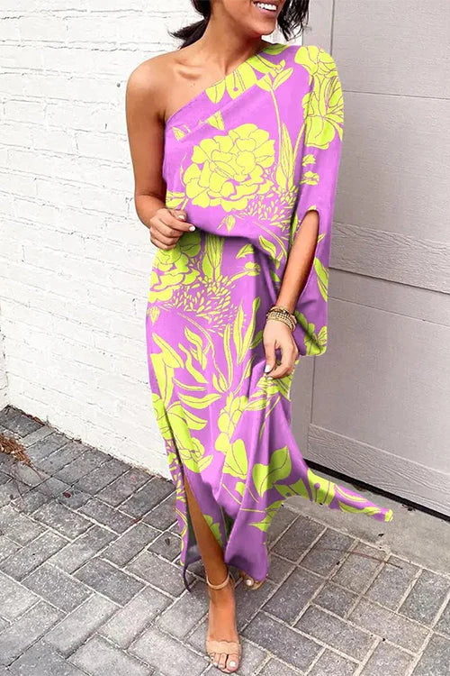 Casual One Shoulder Side Split Printed Dress