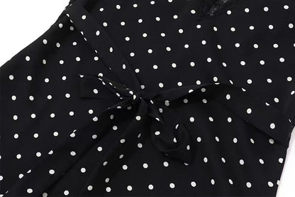 Retro Lace Patchwork V-Neck Polka Dot Slim Dress