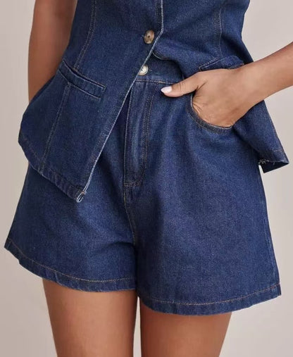 Denim Button-Down Top And Shorts Set