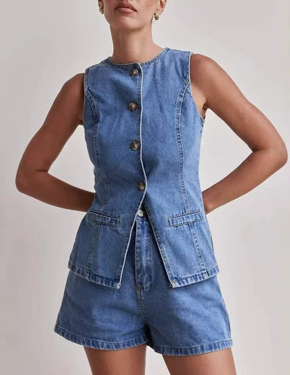 Denim Button-Down Top And Shorts Set