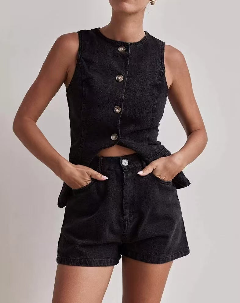 Denim Button-Down Top And Shorts Set